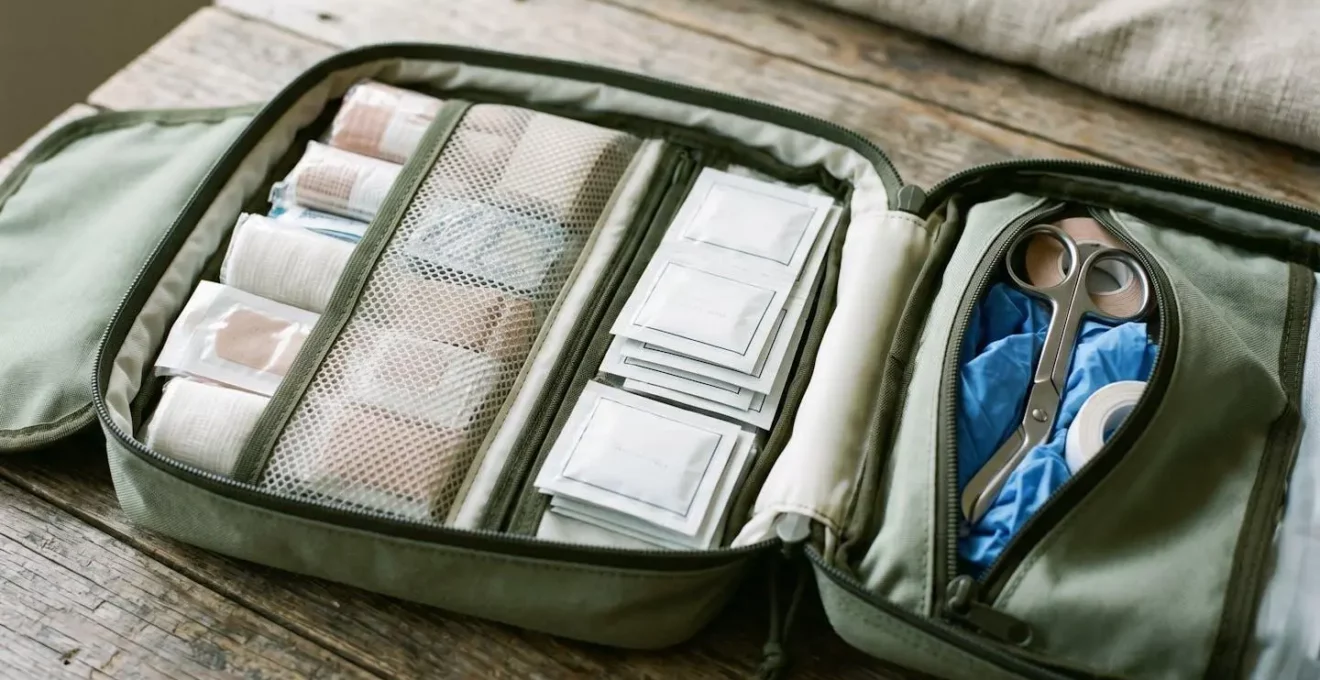 Intérieur d'une trousse de secours organisée avec compartiments distincts pour chaque type de matériel