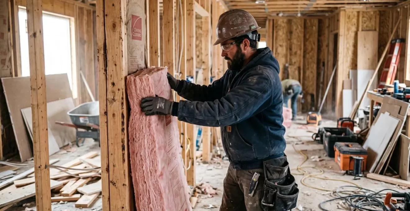 Ouvrier qui pose de l'isolant thermique sur un mur intérieur pendant des travaux de rénovation