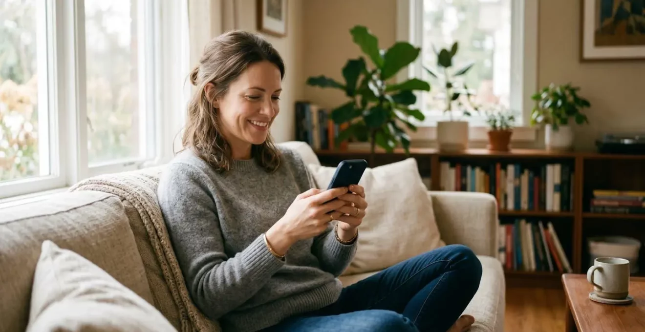 Une personne en tenue décontractée consulte son application bancaire sur smartphone depuis son canapé, lumière naturelle tamisée