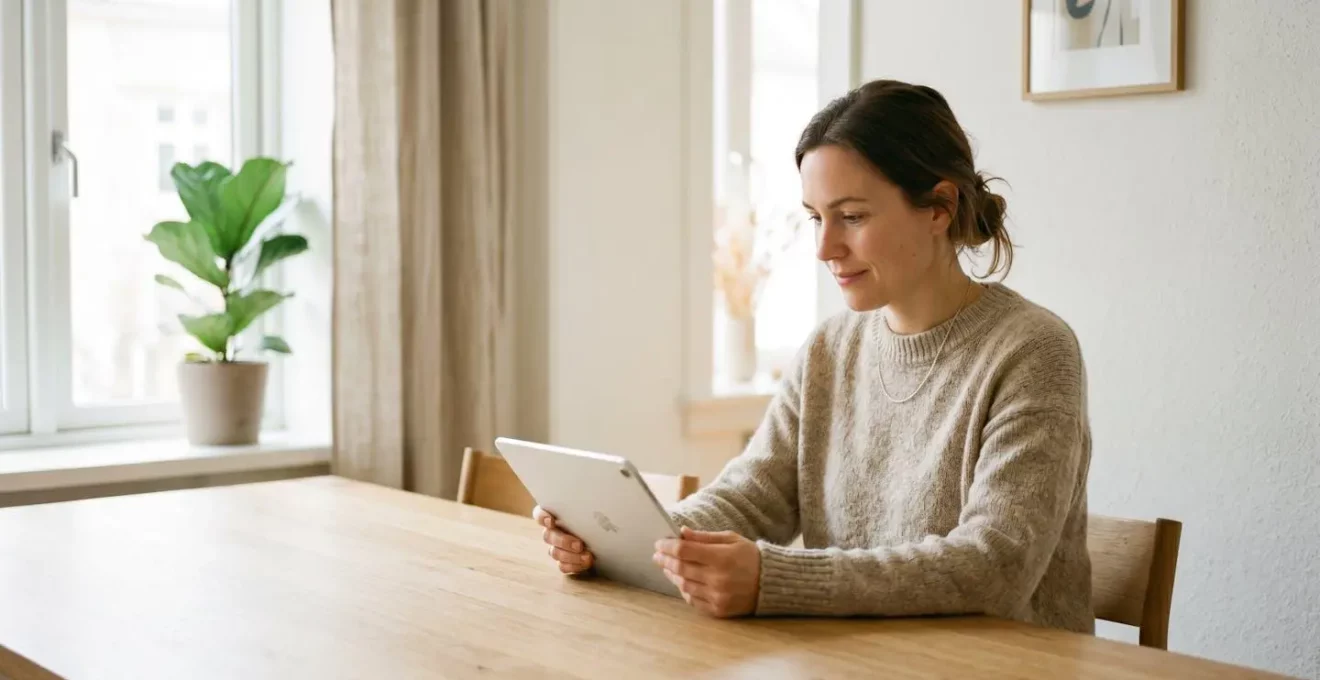 Une personne d'une trentaine d'années examine des informations sur une tablette posée sur une table lumineuse, expression concentrée