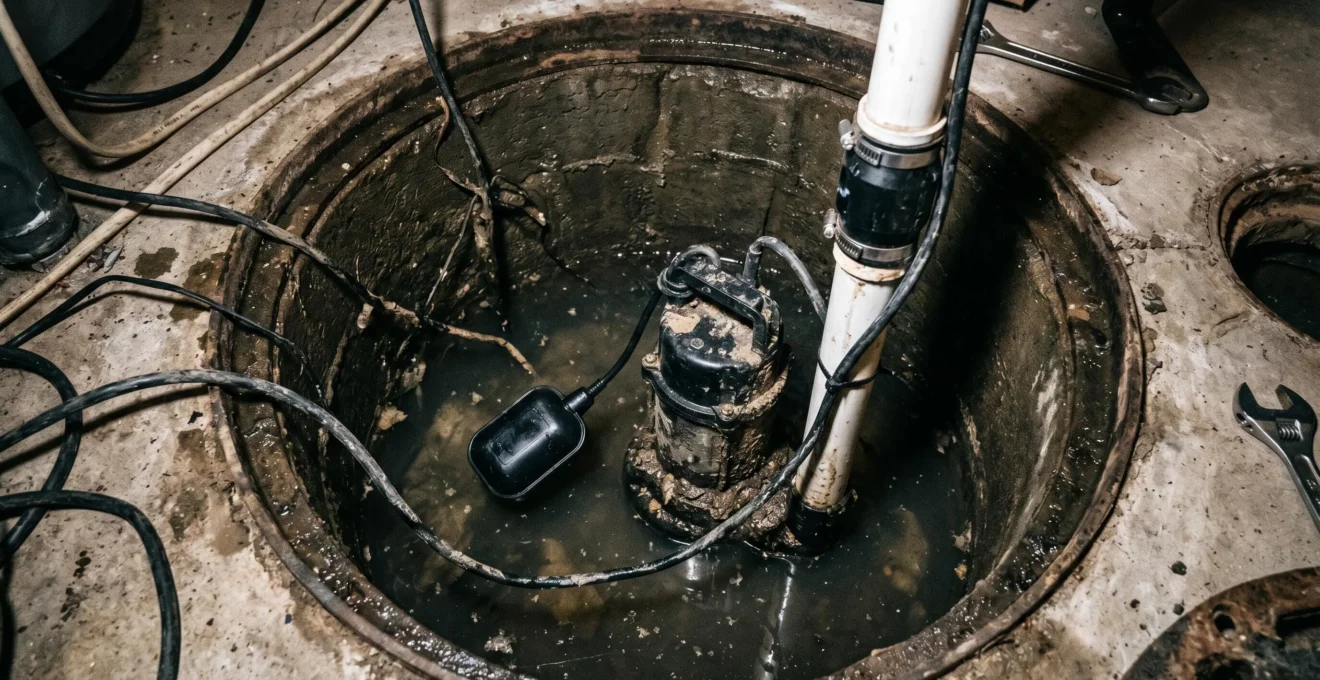 Gros plan sur une pompe de puisard dans une cuve avec flotteur visible et tuyau de refoulement