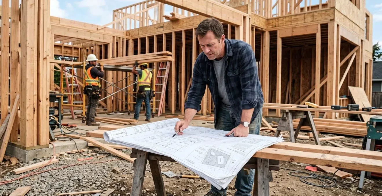 Propriétaire qui examine des plans de rénovation sur un chantier, entouré de matériaux de construction