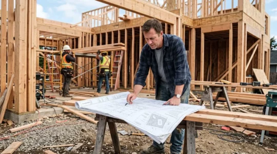 Propriétaire qui examine des plans de rénovation sur un chantier, entouré de matériaux de construction