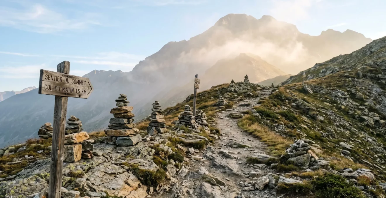 Sentier de montagne balisé par des cairns et panneaux directionnels menant progressivement vers un sommet dans la brume lumineuse