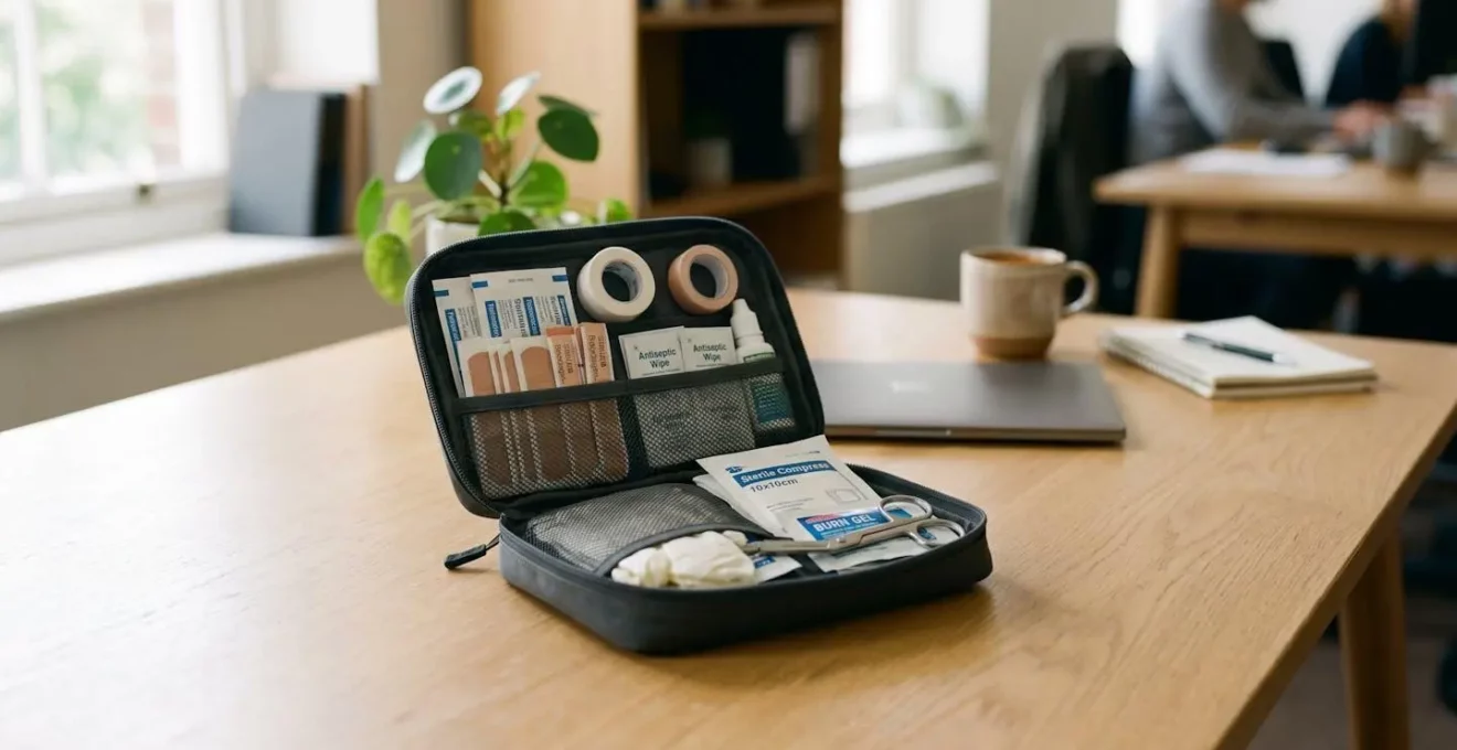 Trousse de secours ouverte montrant son contenu organisé sur un plan de travail professionnel