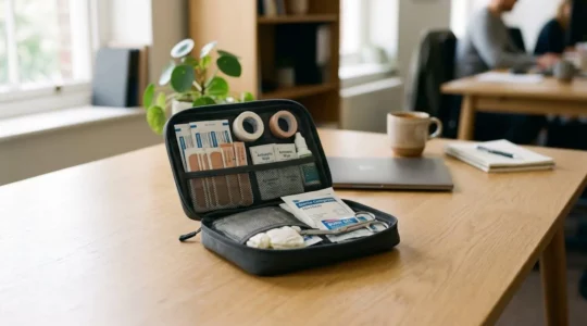 Trousse de secours ouverte montrant son contenu organisé sur un plan de travail professionnel