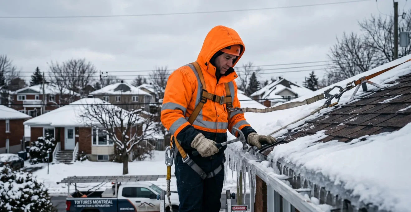 Couvreur professionnel en vêtement haute visibilité et harnais de sécurité inspectant une toiture résidentielle enneigée avec formation de glaçons en bordure, dans un quartier de Montréal par temps hivernal gris