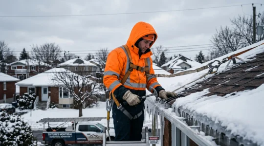 Couvreur professionnel en vêtement haute visibilité et harnais de sécurité inspectant une toiture résidentielle enneigée avec formation de glaçons en bordure, dans un quartier de Montréal par temps hivernal gris