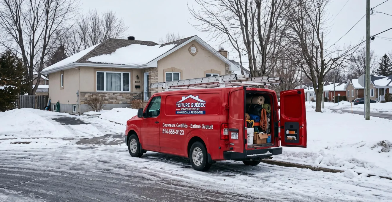 Fourgonnette professionnelle de service de toiture avec échelle et équipement, stationnée devant une résidence canadienne en hiver, prête pour intervention d'urgence