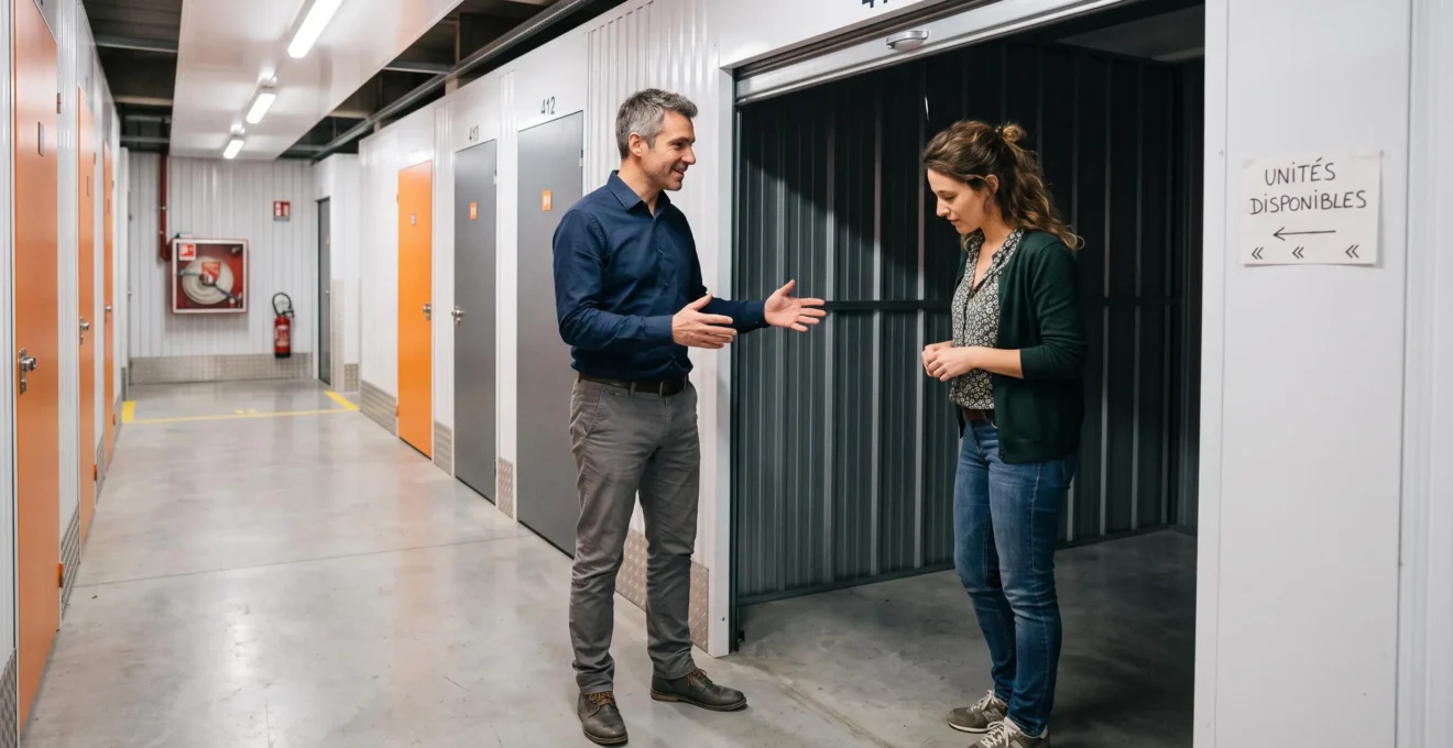 Professionnel du stockage conseillant un client dans le couloir d'un centre de garde-meuble