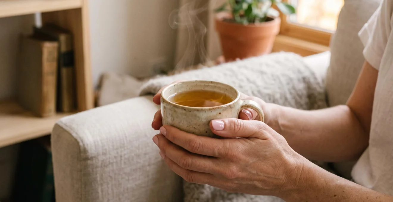 Mains tenant une tasse d'infusion de CBD dans un moment de détente à domicile