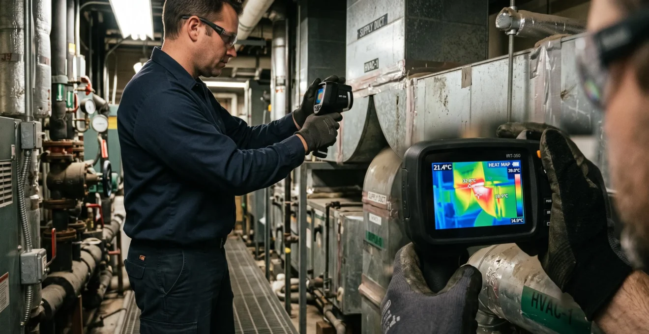 Technicien HVAC utilisant une caméra thermique pour inspecter des conduits de ventilation et détecter les pertes énergétiques