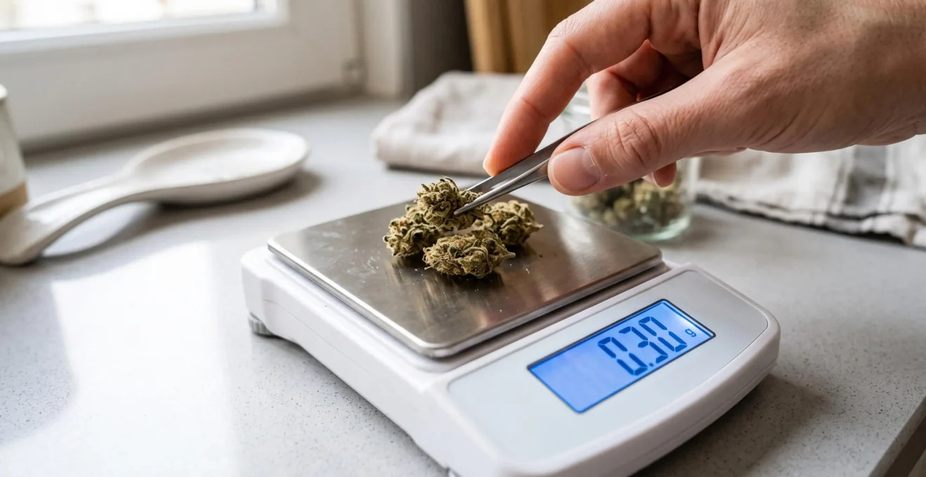 Balance de précision digitale avec fleurs de CBD dosées à 0,3 grammes sur un plan de travail clair