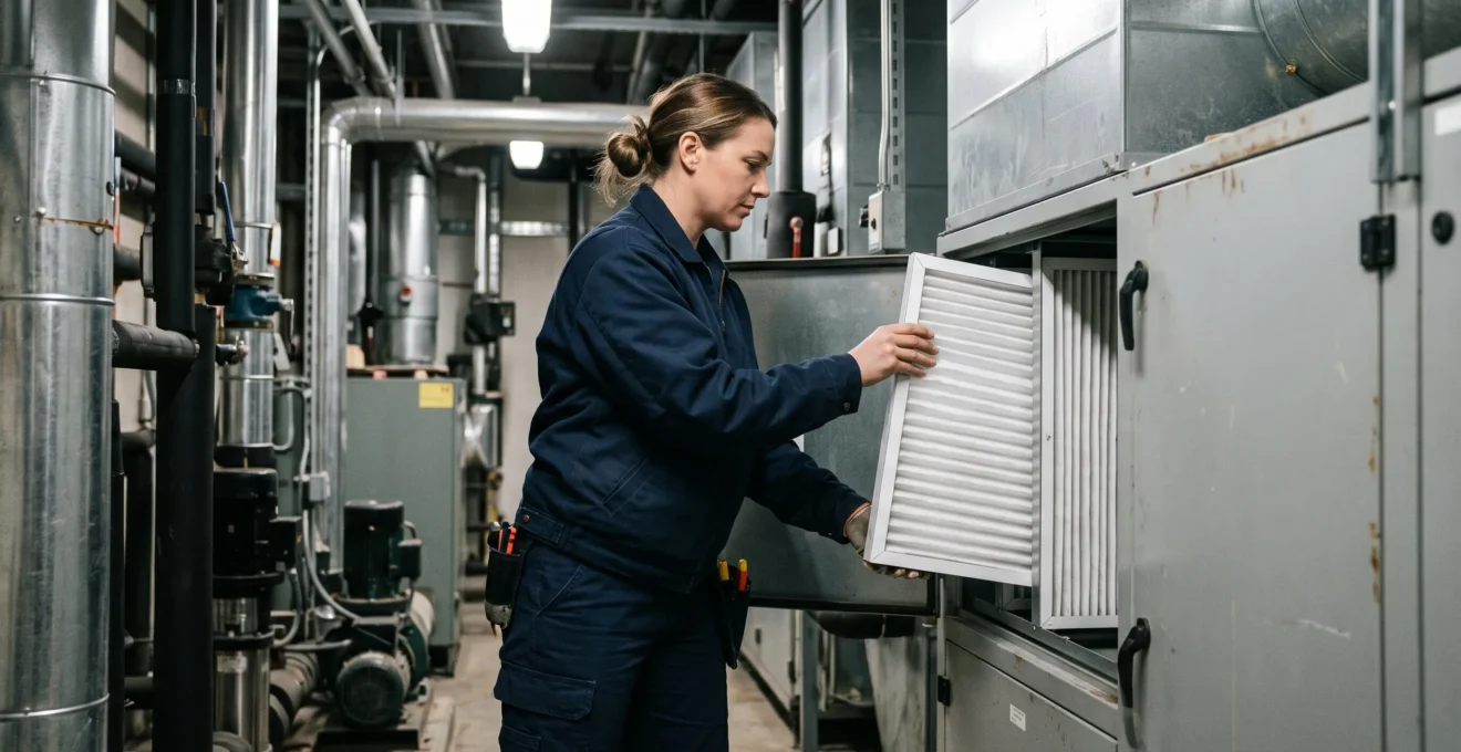 Technicien effectuant le remplacement d'un filtre à air dans une unité de traitement d'air commercial