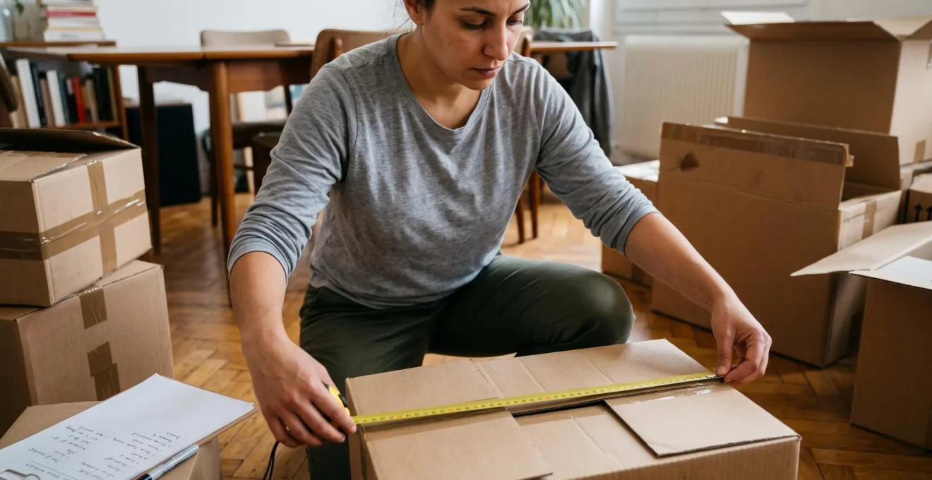 Personne mesurant des cartons de déménagement avec un mètre ruban dans un intérieur résidentiel