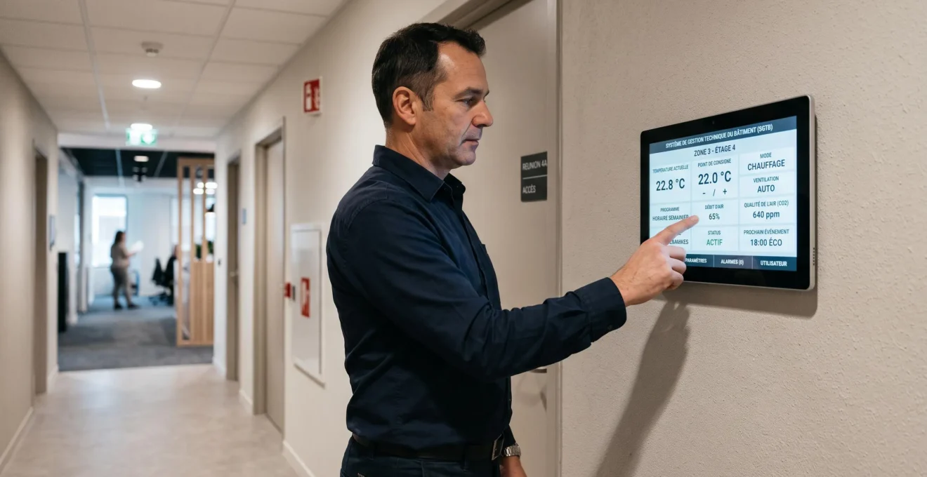 Technicien HVAC ajustant les paramètres d'un système de contrôle automatisé pour optimiser la régulation énergétique