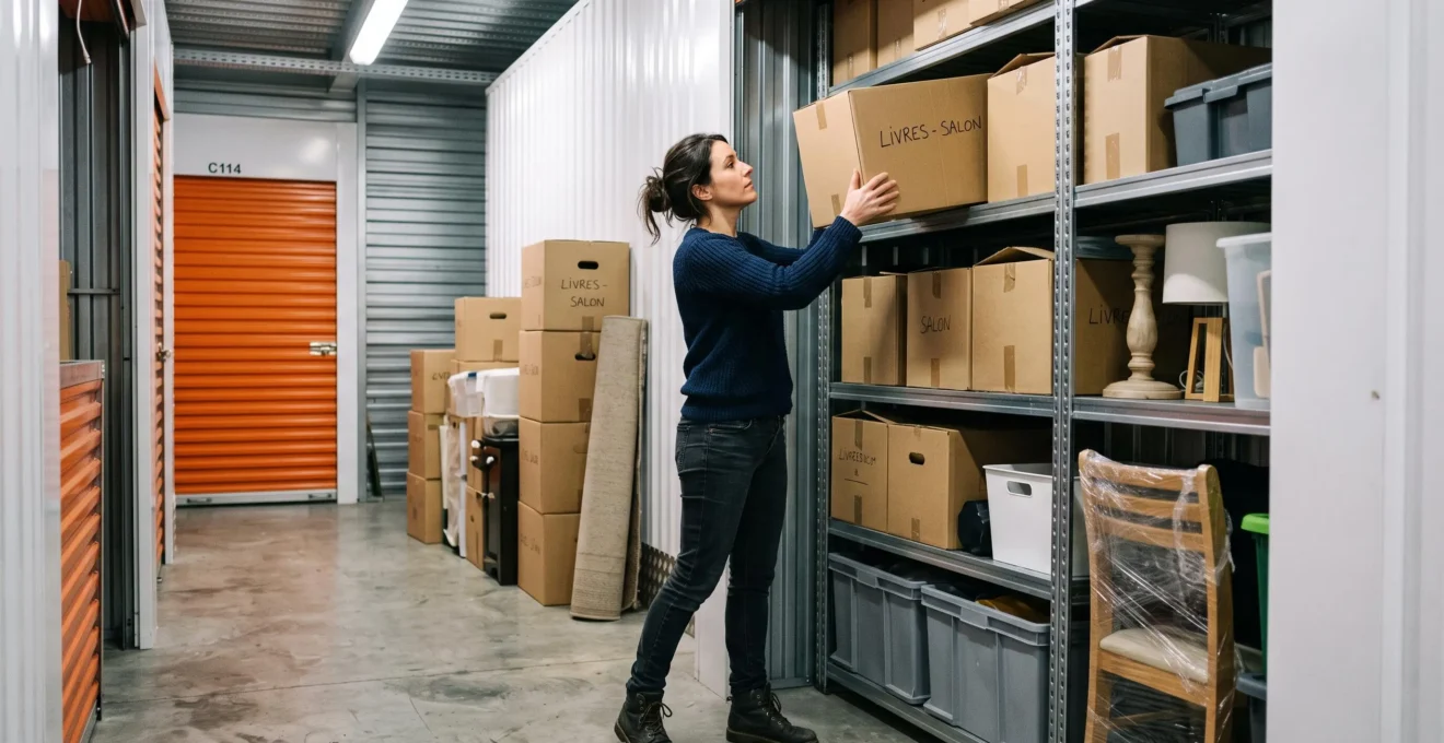 Personne organisant des cartons et meubles dans un box de stockage sécurisé