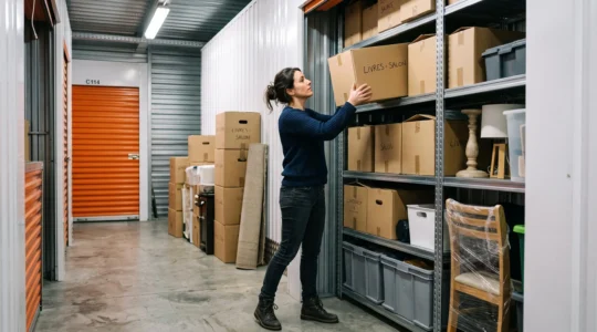 Personne organisant des cartons et meubles dans un box de stockage sécurisé