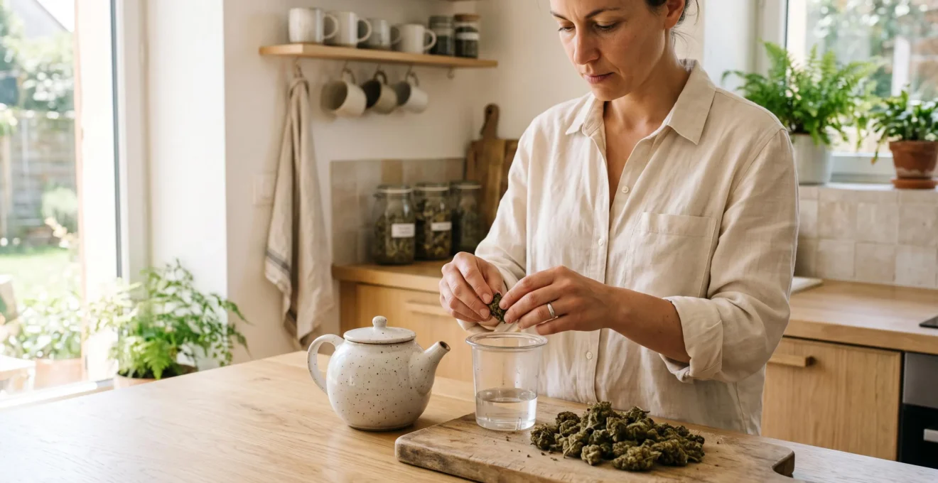 Préparation d'une infusion de fleurs de CBD dans une cuisine avec théière et fleurs séchées sur un plan de travail en bois