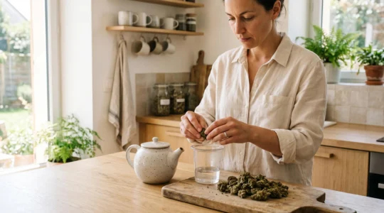 Préparation d'une infusion de fleurs de CBD dans une cuisine avec théière et fleurs séchées sur un plan de travail en bois