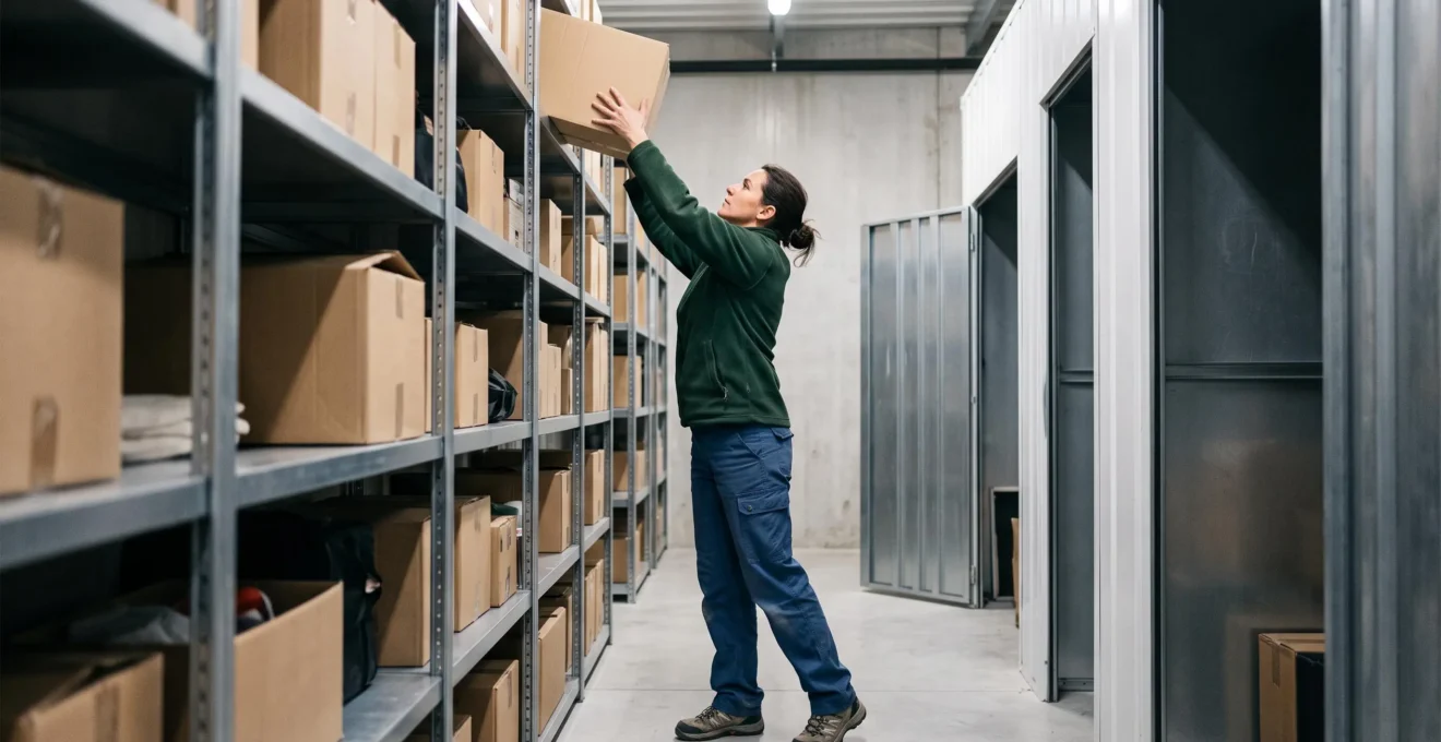 Personne plaçant un carton sur une étagère en hauteur dans un box de stockage