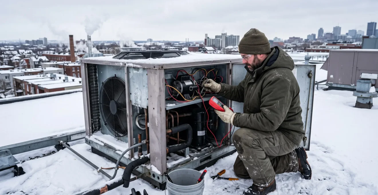 Technicien HVAC effectuant un diagnostic sur une unité de chauffage et climatisation rooftop d'un bâtiment commercial en hiver