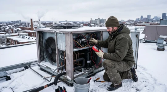 Technicien HVAC effectuant un diagnostic sur une unité de chauffage et climatisation rooftop d'un bâtiment commercial en hiver