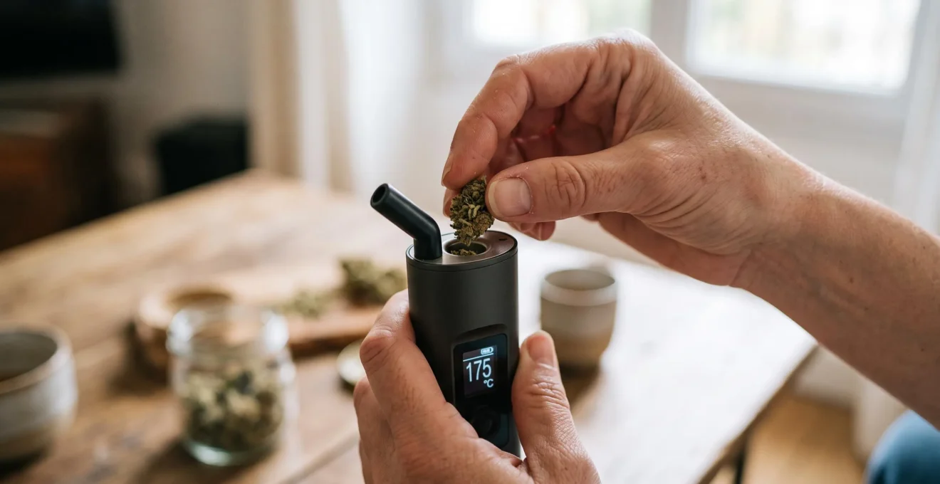 Mains chargeant des fleurs de CBD dans la chambre d'un vaporisateur à herbes sèches sur une surface neutre