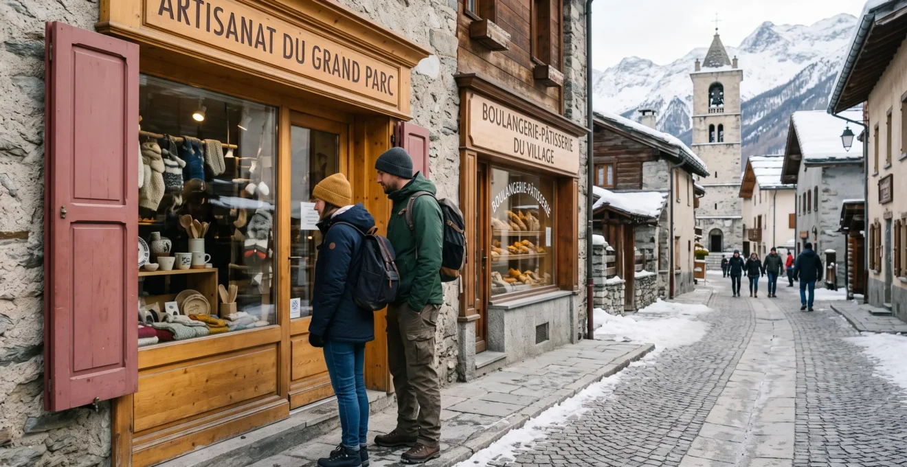 Un couple sans équipement de ski regarde la vitrine d'une boutique du village de Saint-Sorlin-d'Arves, avec le clocher visible au fond de la rue.