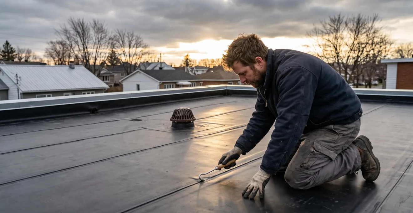 Un couvreur vérifie l'adhérence d'un joint soudé de membrane élastomère sur un toit plat fraîchement rénové, en fin de journée.