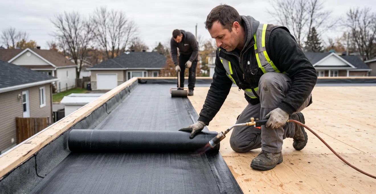 Un couvreur soudoie au chalumeau une membrane d'étanchéité sur le toit plat d'une résidence québécoise, accompagné d'un collègue qui marque les joints.