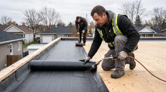 Un couvreur soudoie au chalumeau une membrane d'étanchéité sur le toit plat d'une résidence québécoise, accompagné d'un collègue qui marque les joints.
