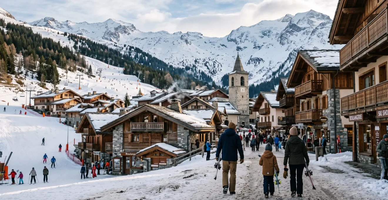 Une famille avec des skis sur les épaules marche dans la rue enneigée du village de Saint-Sorlin-d'Arves, entre les chalets de bois et les pistes du domaine des Sybelles.