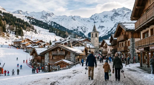 Une famille avec des skis sur les épaules marche dans la rue enneigée du village de Saint-Sorlin-d'Arves, entre les chalets de bois et les pistes du domaine des Sybelles.