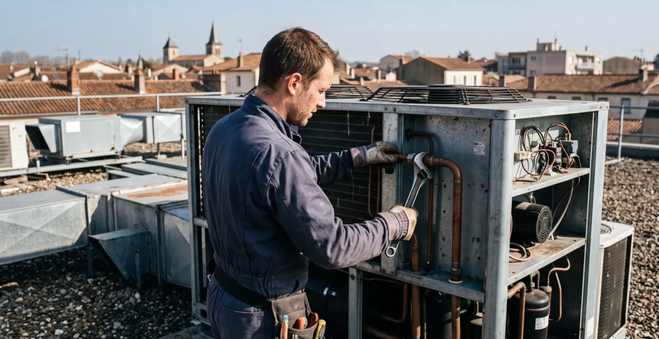 Un frigoriste effectue une maintenance préventive sur un groupe de condensation installé sur le toit d'un bâtiment commercial français.