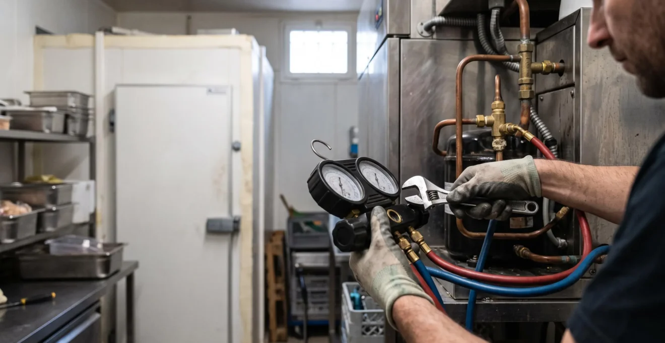 Gros plan sur les mains d'un technicien raccordant des manomètres frigorifiques aux vannes de service d'une chambre froide commerciale.