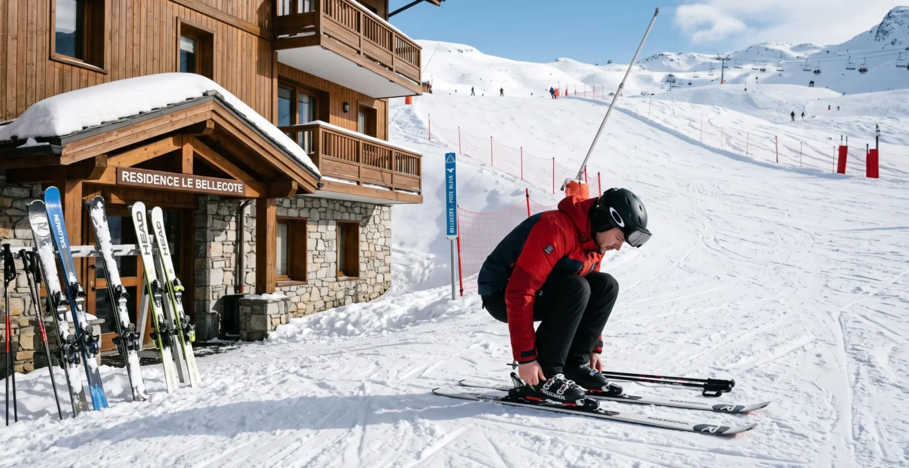 Un skieur attache ses fixations sur la neige devant l'entrée d'une résidence pied des pistes à Saint-Sorlin-d'Arves, à quelques mètres du départ des pistes.