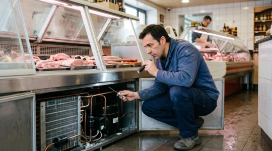 Un technicien frigoriste accroupi contrôle une vitrine réfrigérée commerciale dans une boucherie, lampe torche et thermomètre en main.
